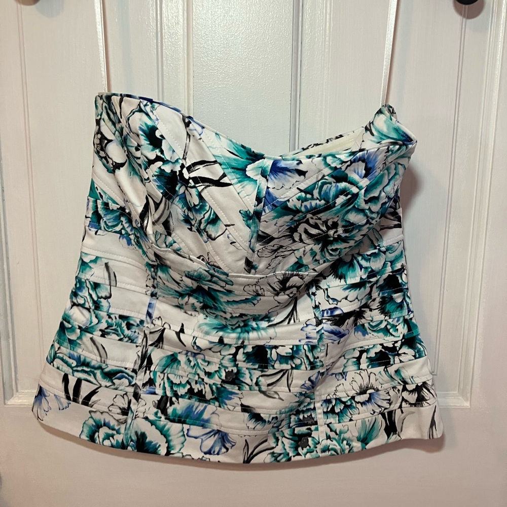 White Corset Top with Turquoise & Blue Floral Pattern